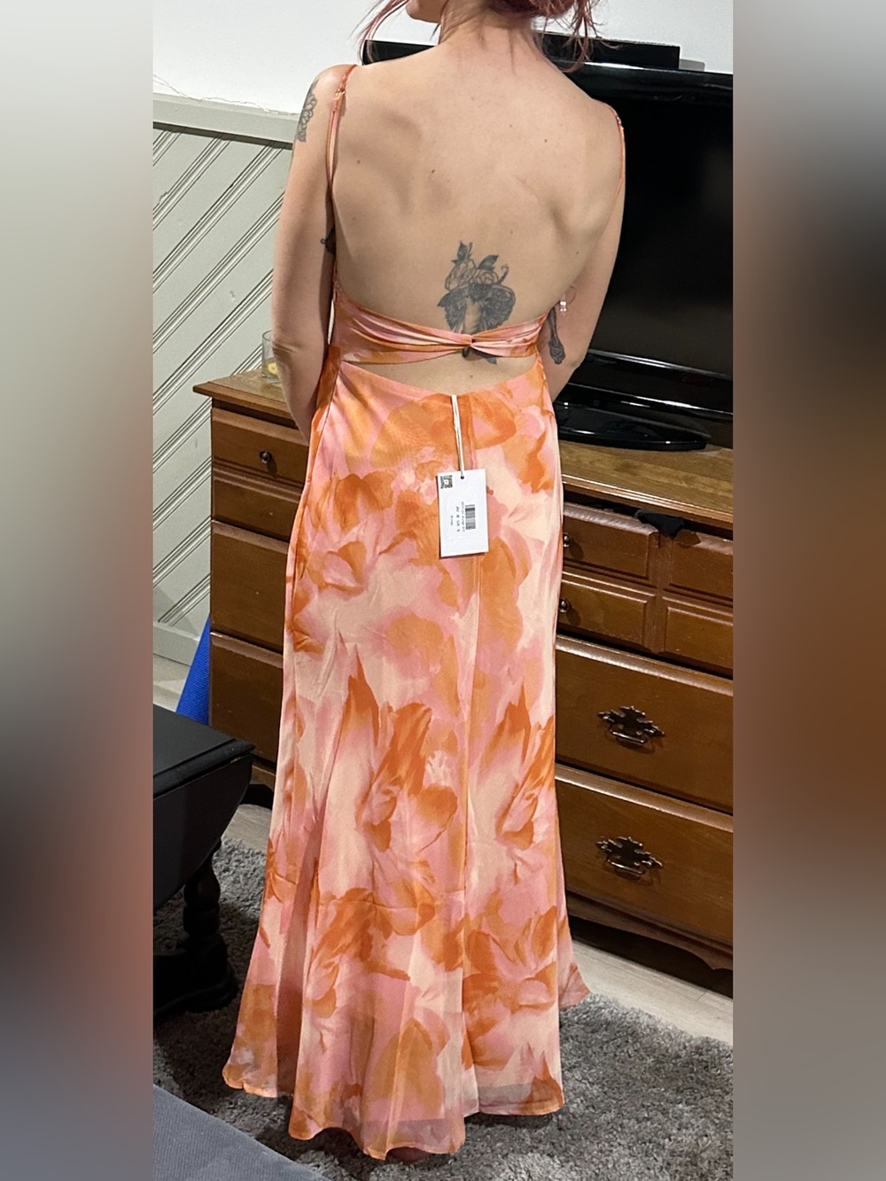 Selfie Leslie Pink and Orange Floral Satin Maxi Skirt